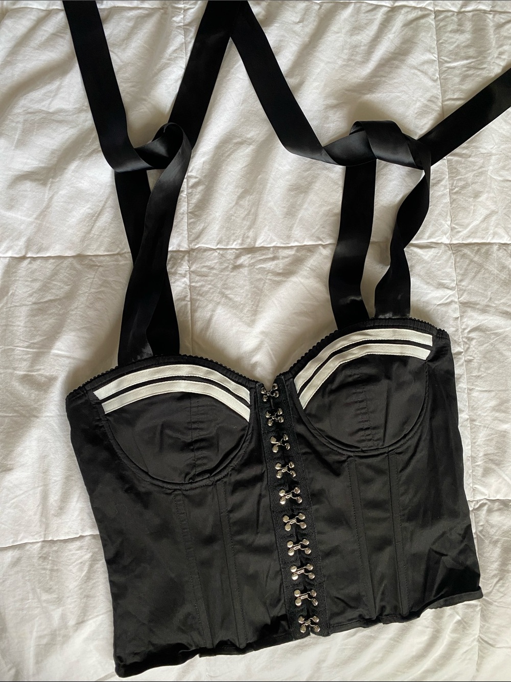 🖤 Widow Black Bustier with White Stripe Trim and ribbon tie straps Size Small